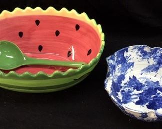 WATERMELON SERVING DISH AND BLUE