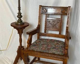 Antique Wooden Chair, Side Table, and Lamp