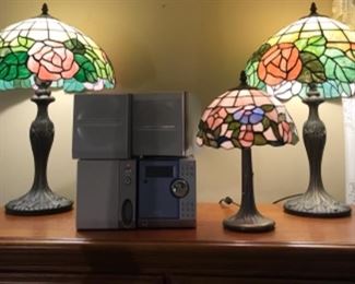 Small radio stereo system, 3 tiffany style lamps 