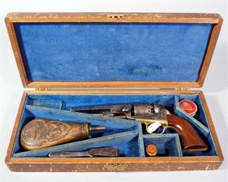 Colt 1849 Pocket Pistol .31 Cal Revolver SN# 293157, With Powder Flask, Bullet Mold, And Nipples In Cap Box, In Wood Case
