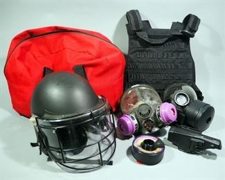 Riot Gear, Includes Helmet With Face Shield, Gas Masks, Extra Filter, Blackwater Gear Vest, And More
