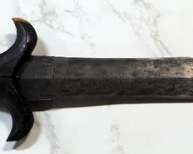 Dagger With 8.5" Blade And Carved Wood Handle, In Leather Sheath
