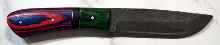 Custom Damascus Steel Fixed Blade Knife, 4.25" Blade, In Tooled Leather Sheath
