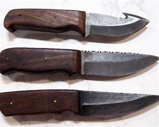 Straight Back And Gut Hook Damascus Steel Fixed Blade Knives, Qty 3

