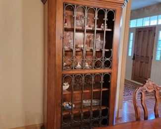 Open front wood and iron dining room display cabinet. 84" high x 48" wide x 20" deep.
