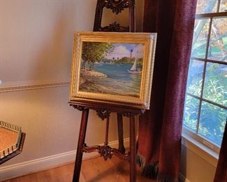 Painting measures 22" x 25". Easel as shown measures 67" high x 25' wide x 23" deep.