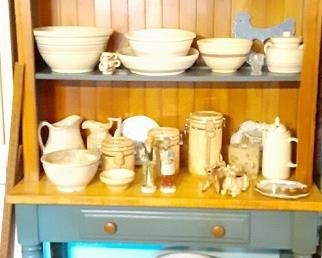 Great small country farmhouse hutch (matches the table) with lots of vintage crocks, Fire King bowls, McCoy & more