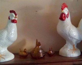 Chicken and rooster and carnival glass hens