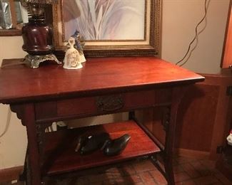 Antique Cherry Parlor Table with Original Hardware and Wheels