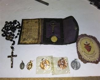 Religious Medals, Rosary and More in Box with 3 cent stamps
