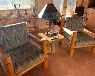 Lodge pole pine chairs and copper top cactus base side table