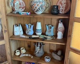 Rustic cabinet, Pueblo (including Flora & Glenda Naranjo) and Navajo pottery and folk art 