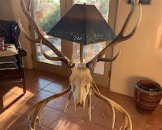 Elk skull and antler floor lamp/hat stand