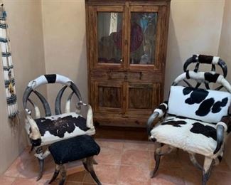 Cowhide and horn chairs, Corona bar cabinet