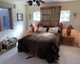 Queen size bed headboard only (sorry, the bed is not available) and buffalo hide