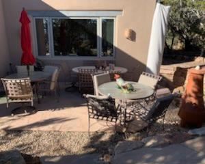 3 patio tables, chairs, umbrellas