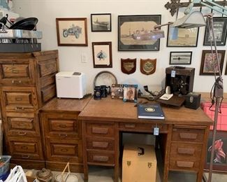 Mission oak desk and file cabinets, military items