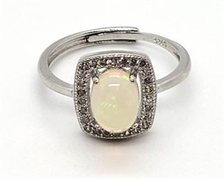 2a - GENUINE ETHIOPIAN OPAL & CREATED WHITE SAPPHIRE 925 STERLING SILVER ADJUSTABLE RING