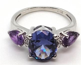 9a - Tanzanite and Amethyst Sterling Ring Size 6