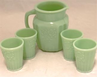 13 - Jadeite Pitcher w/ 4 Matching Glasses 6" Tall