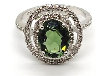 
14a - 3.5 Ct Green Sapphire and Diamond Sterling Ring Size 7
