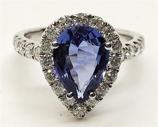 15z - 18K Blue Sapphire & Diamond ring Appraised $26,500 size 6.5 3 carat pear cut blue Sapphire .92 cts diamonds