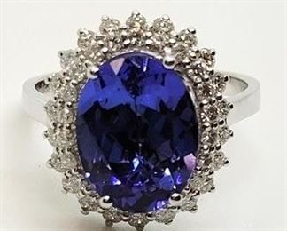 16z - 14K Tanzanite & Diamond ring Appraised $11,163 size 6.5 3.92 carat oval cut natural Zoisite Tanzanite .68 cts diamonds