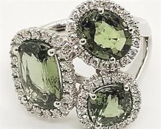 22z - 18K Green Sapphire & diamond ring Appraised $9,440 size 6.75 5.20 cts natural green sapphires .47 cts diamonds