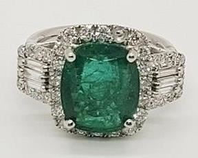 28z - GIA certified 18K gold Emerald & diamond ring Appraised $38,740 size 7 5.64 carat cushion cut natural Emerald 1.30 cts diamonds