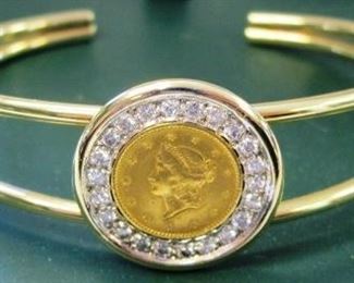 100z - 1851 $1 Gold Coin .50 cts Diamond 14KT Bracelet
