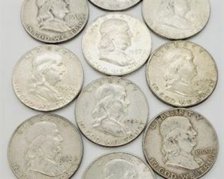 
110c - Lot of 10 Assorted Dates Franklin Half Dollars