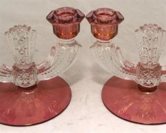 114 - Pair of Cranberry/Clear Glass Candle Holders 7" x 5"
