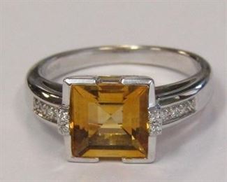 205z - Citrine & .06 Diamond 14k white gold ring size 7