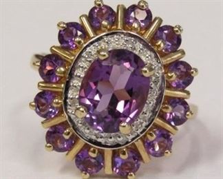 207z - Oval Amethyst & Diamond Ring, 10k yellow gold size 8