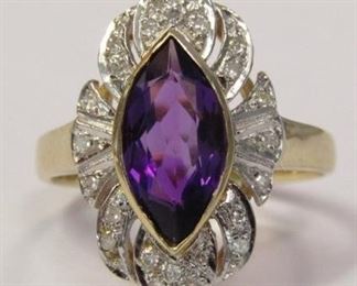 208z - Marquise Shaped Amethyst & .20 Diamond Ring 14k yellow gold