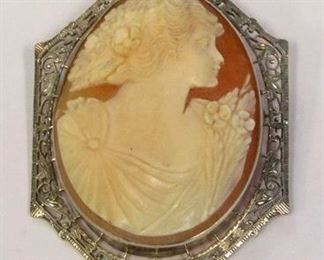 226z - 14k White Gold Filigree Shell Cameo pin