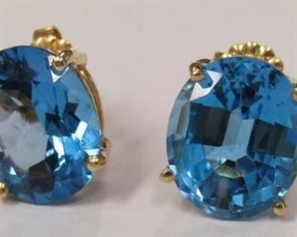 227z - 14k Yellow Gold Oval Blue Topaz Earrings