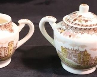 265 - Creamer & Sugar Set - English Castles Geniune English Castles from Original Copper Engraving - Hand Colored Under Glass by Brown & Richie Ltd. - slight crazing