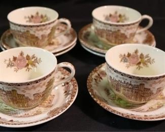 269 - 4 Cups/Saucers w/ 2 extra Saucers English Castles Geniune English Castles from Original Copper Engraving - Hand Colored Under Glass by Brown & Richie Ltd.