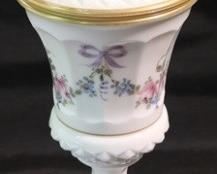 275 - Westmoreland tall milk glass painted covered urn Charleton hand painted decor 13" tall