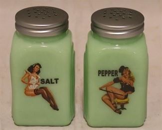 375 - Jadeite "Pin Up Girls" Salt & Pepper Shakers 4" tall