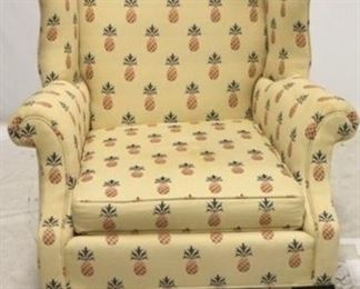 400 - Chippendale wing back chair by Cashion's Furniture Pineapple upholstery some staining & upholstery loss on top back right corner 38 x 30 x 30
