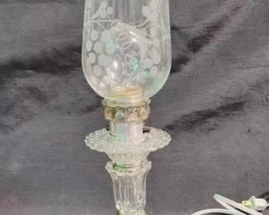 566 - Hurricane Glass Lamp w/ Silver Accents 14"