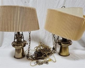 578 - Pair of Hanging Brass Light Fixtures - AS IS Shade is broken 21" tall