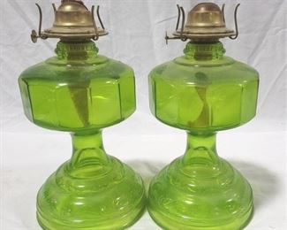611 - Pair of Green Depression Glass Oil Lamp Bases 11" tall