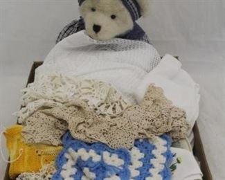 866 - Tray Lot of Assorted Linens/Teddy Bear