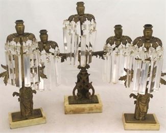 880 - Three piece girandole vintage candlestick set crystal prisms 16" tall