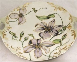 890 - Hand painted plate with handles chipped 12 x 10 1/4