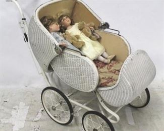 1202 - Wicker Stroller w/ 2 Dolls 43" x 24" x 32"