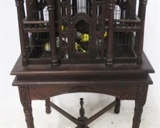 
1220 - Carved Mahogany Birdcage on Stand 50" x 25" x 26.5" As Is missing top section